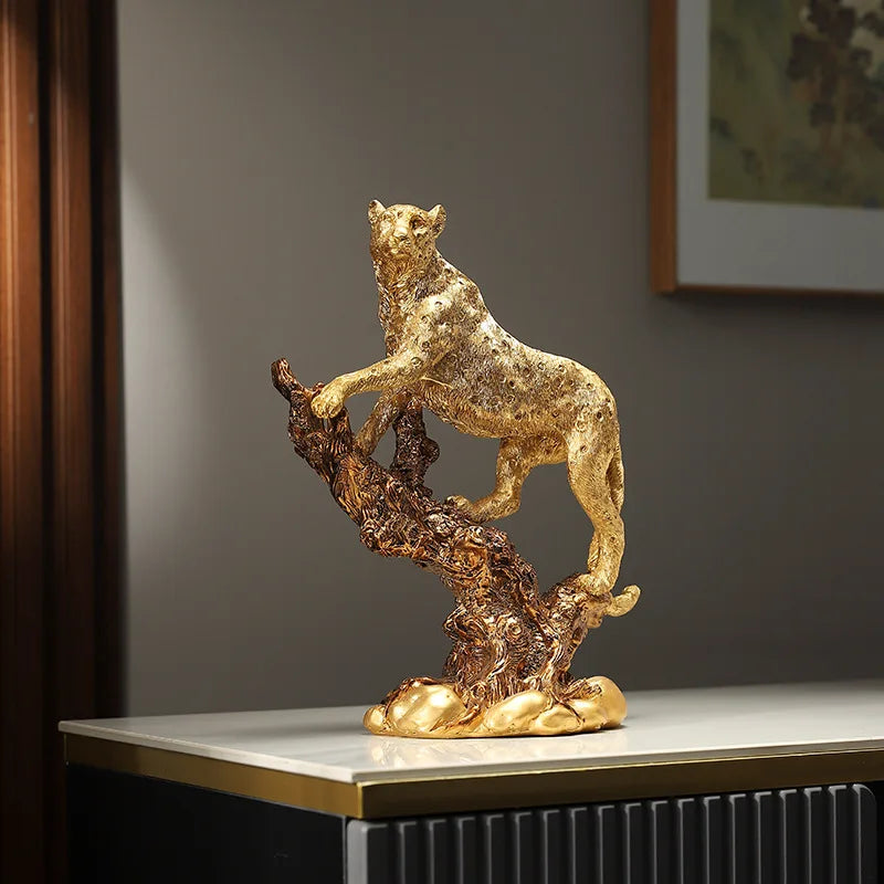 Golden Leopard on Branch Sculpture